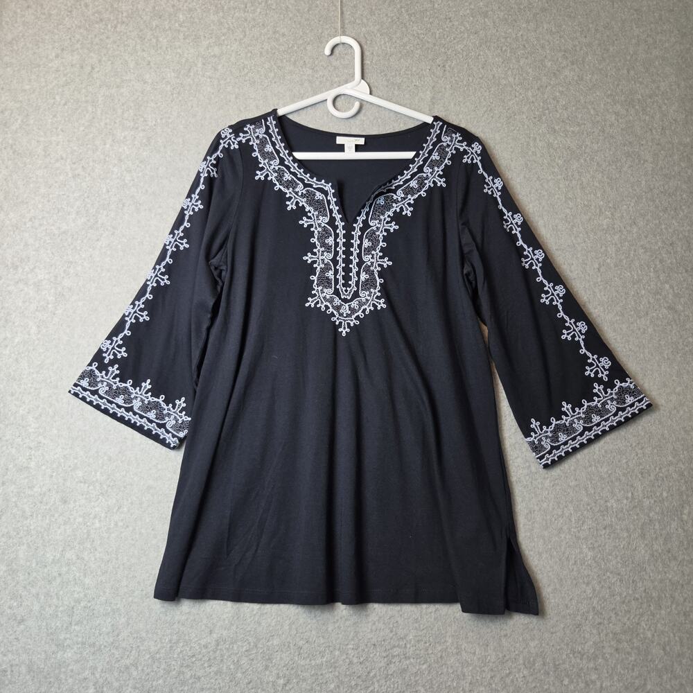 J. Jill Black Cotton Modal Embroidered 3/4 Sleeve Split Neck Tunic Womens Medium